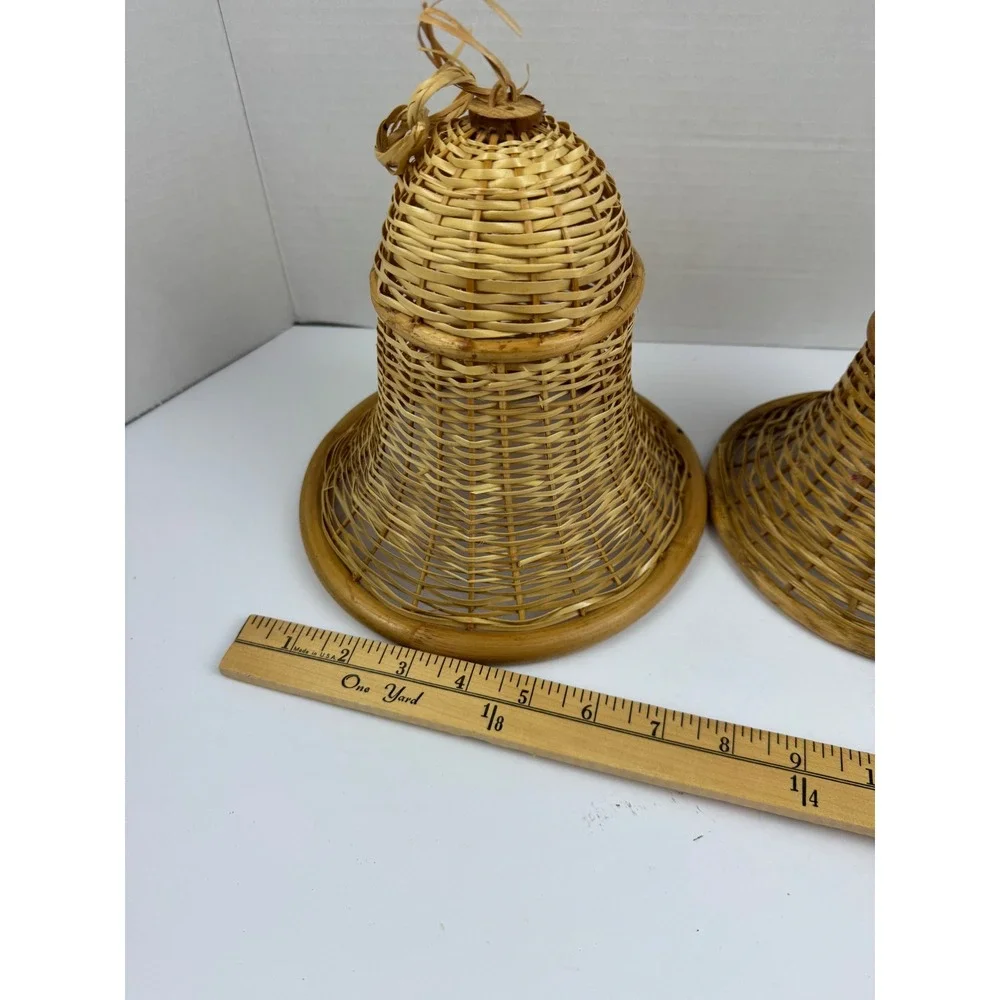 Vintage Wicker Bell Baskets Set of 2 Woven Rattan Cloche Boho Garden Decor
